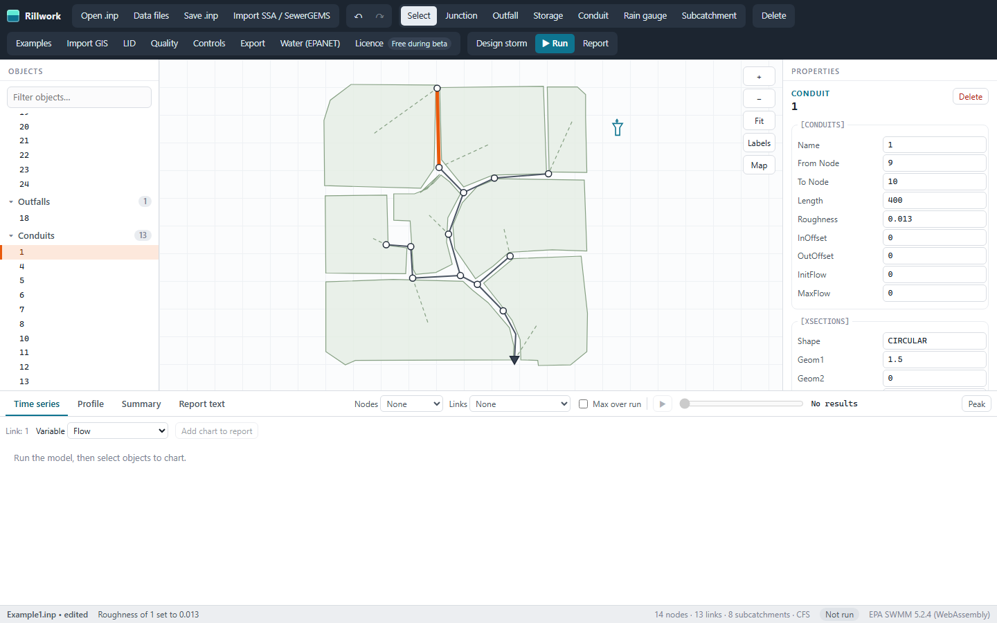 Editing a conduit: the selected pipe is highlighted on the network and its fields are open in the properties panel.