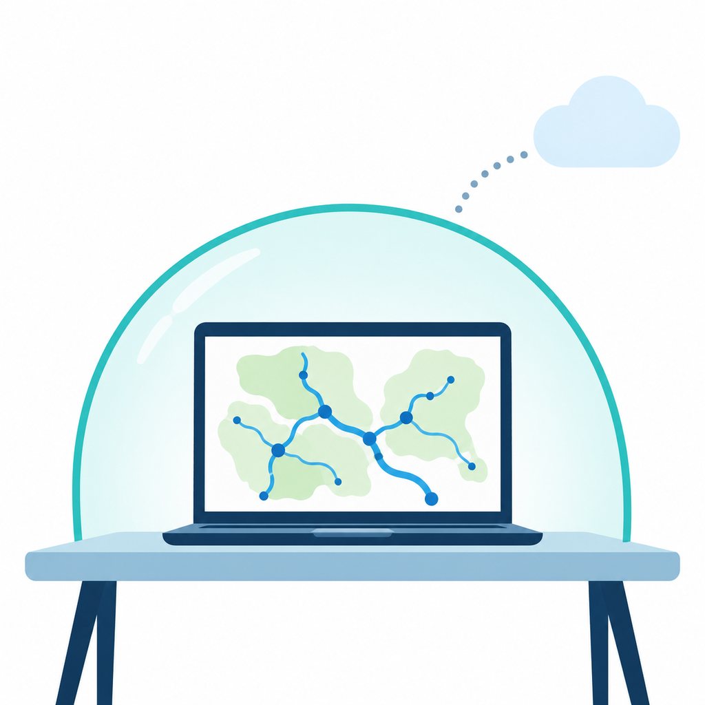 Illustration: a laptop showing a drainage network, inside a protective boundary that a cloud's dotted line does not reach.